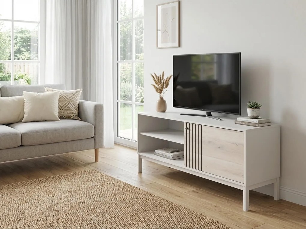 AKCIÓ TV szekrény FROST 120x40 cm fehér, alpesi tölgy dekor, II. osztály