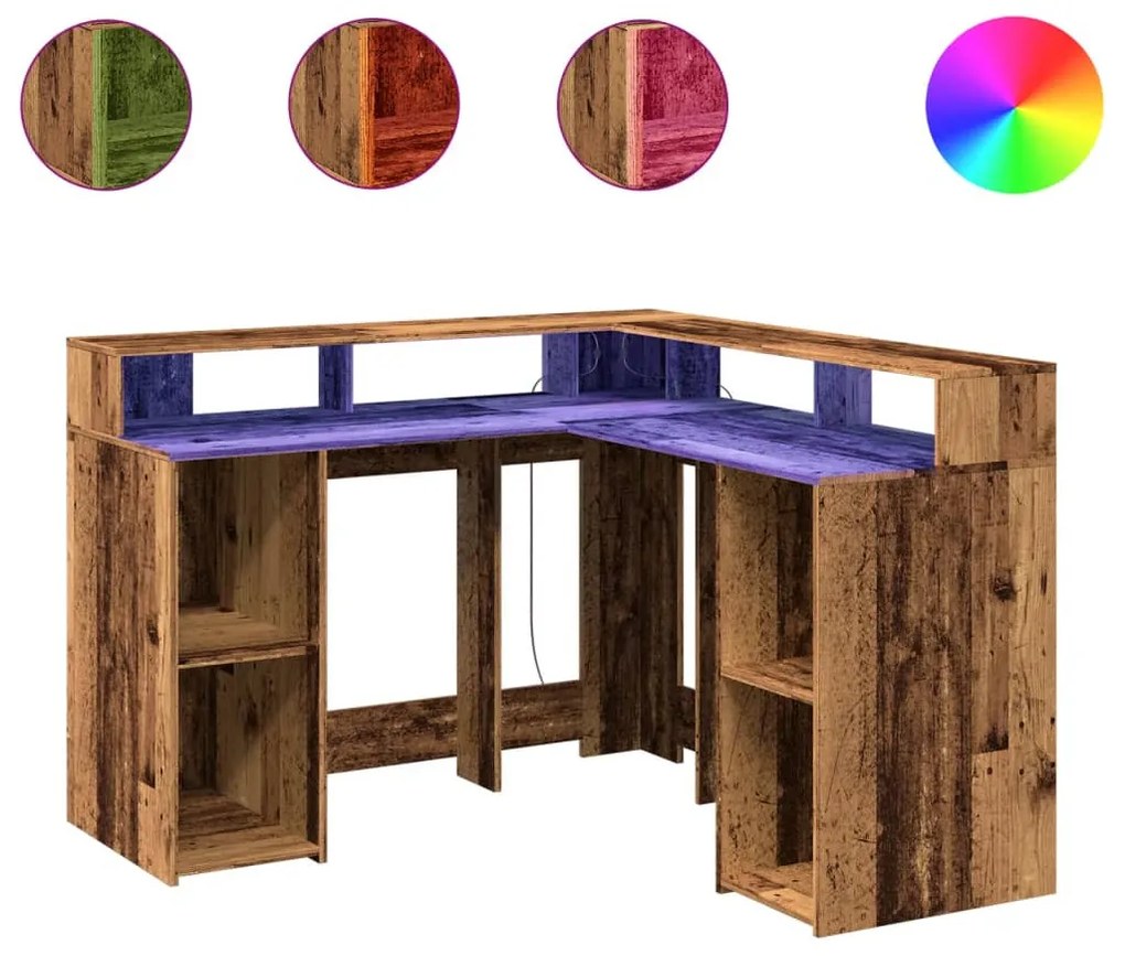 antik fa színű szerelt fa íróasztal LED-ekkel 130 x 130 x 91 cm