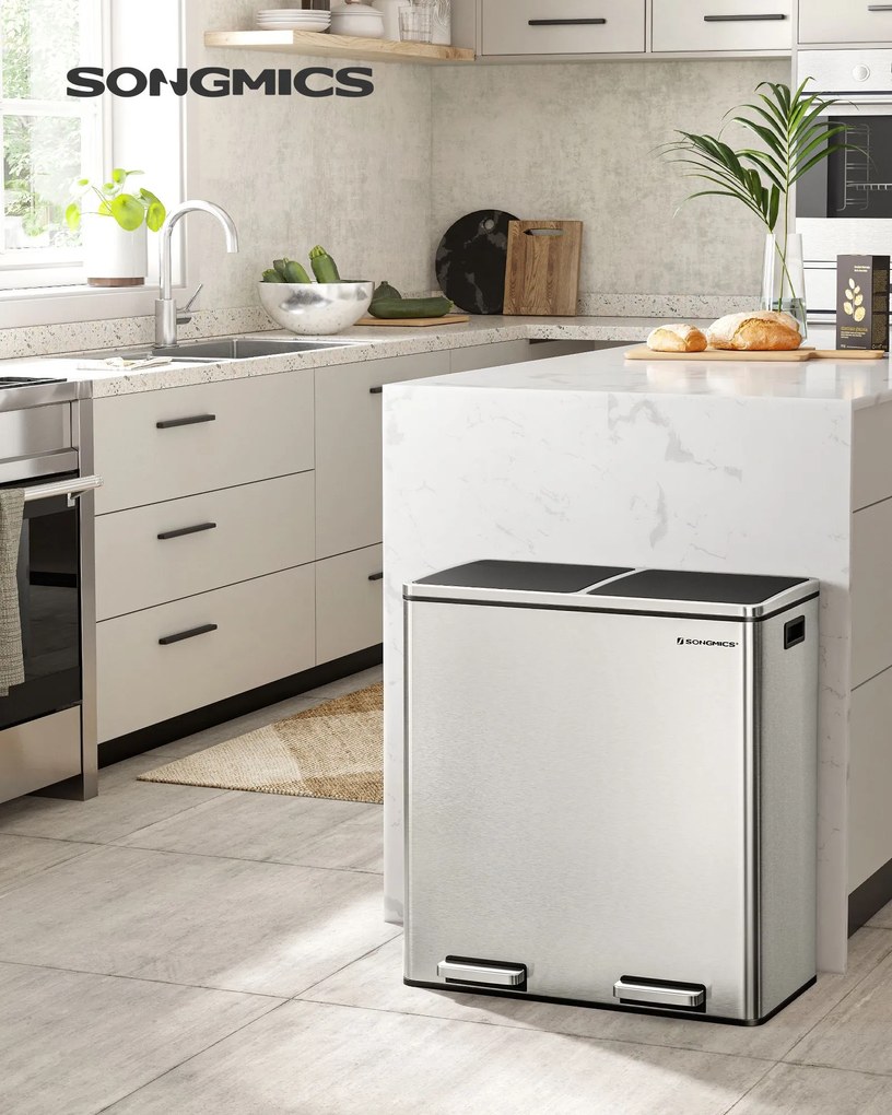 SORT hulladékgyűjtő tartály, 2x30l + hulladékgyűjtő zsákok, ezüst/fekete Vasagle