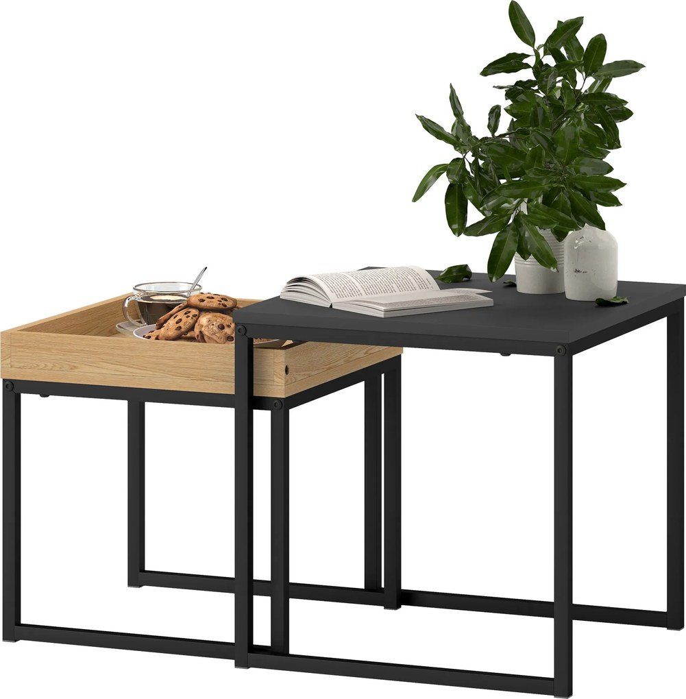 HOMCOM 2 részes Kávasztal Szett, Négyzet alakú Oldaltábla, Kávasztal Acélvázzal, Modern Formatervezés, Nappaliba, 30 kg Teherbírás, Fekete+Tölgy | Aos