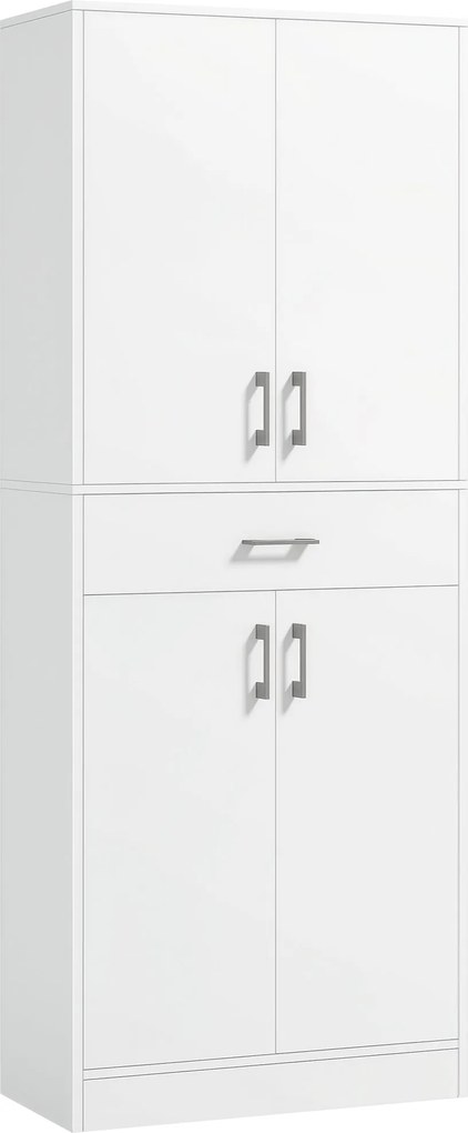 HOMCOM Konyhai Kamra 4 Ajtóval, 1 Fiókkal és Állítható Polcokkal - Modern Konyhaszekrény Nappaliba, Étkezőbe - 70,8x34x180 cm Fehér és Ezüst | Aosom