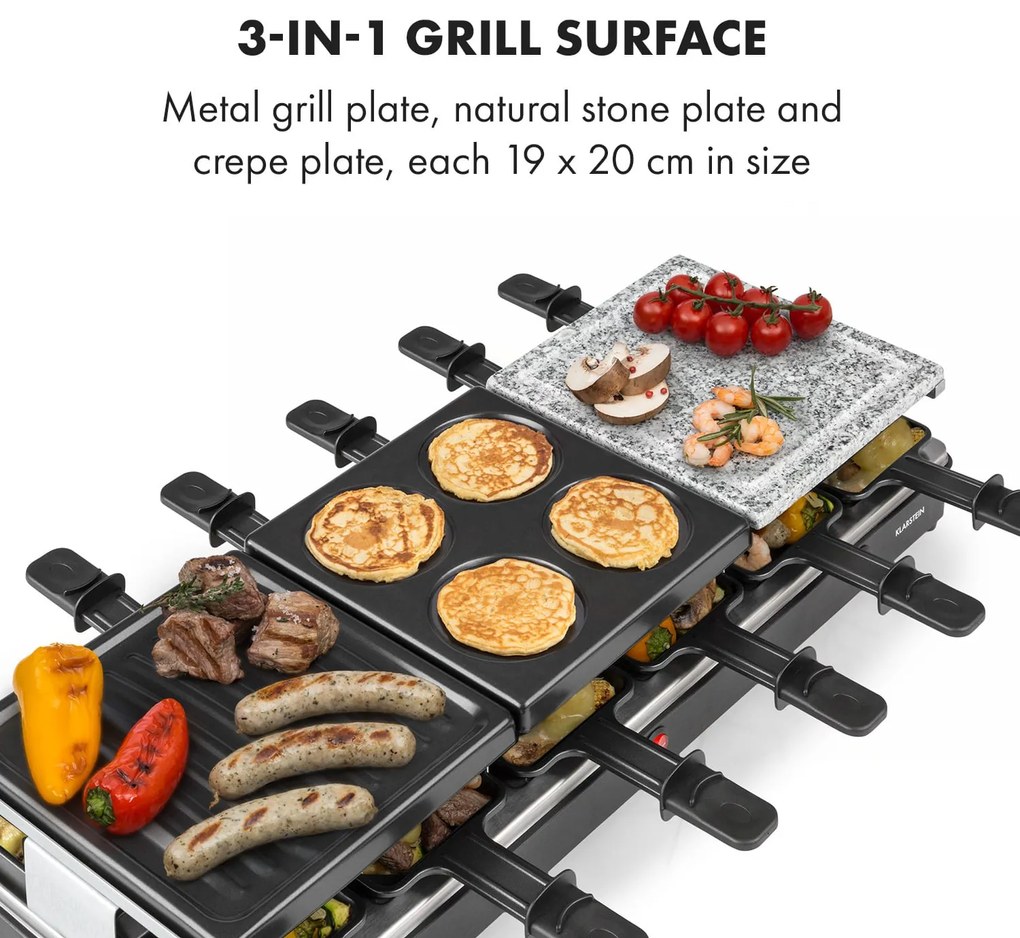 Klarstein Fonduelette XL, 3 az 1-ben raclette grill fonduevel, 1650 W, természetes kő, 12 személyre