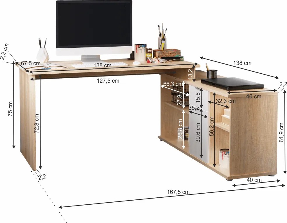 Íróasztal, sonona tölgy/fehér, DALTON 2 NEW VE 02