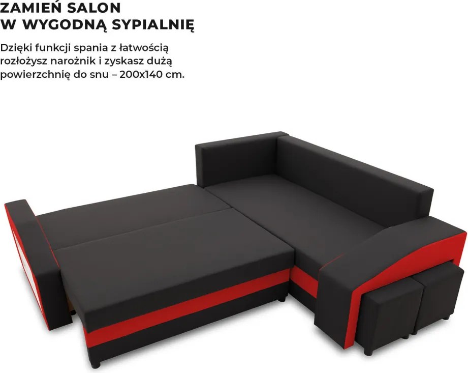 Grande sarokkanapé polcokkal és puffokkal , polc a bal karfaban puffok a jobb karfaban, jobboldali, szövet anyag, hab töltet, fekete - piros