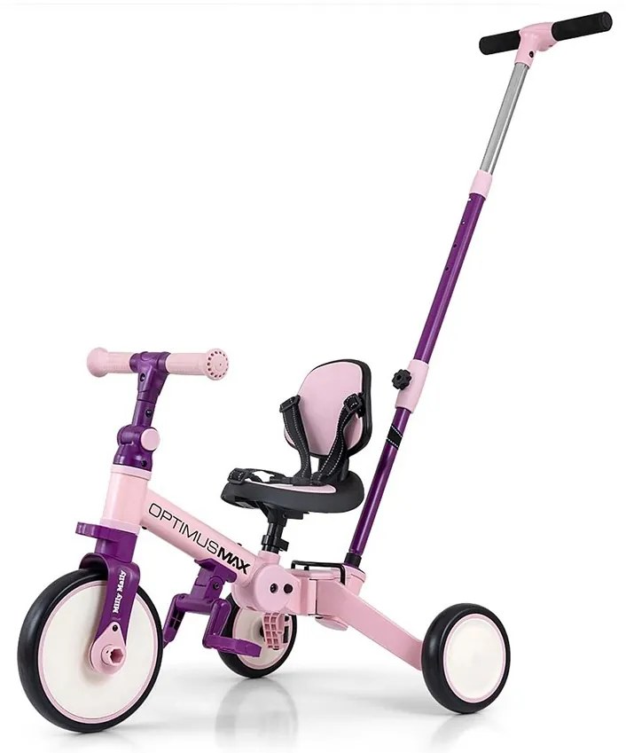 Gyerek háromkerekű bicikli 5az1-ben Milly Mally Optimus Max tolókarral pink