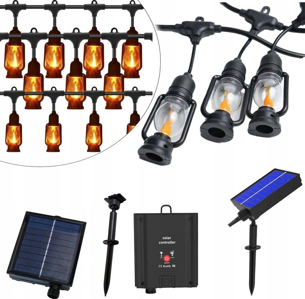 Kerti Füzér Napelemes Retro Lámpa 20x Led Lampion Kültéri 13m IP44