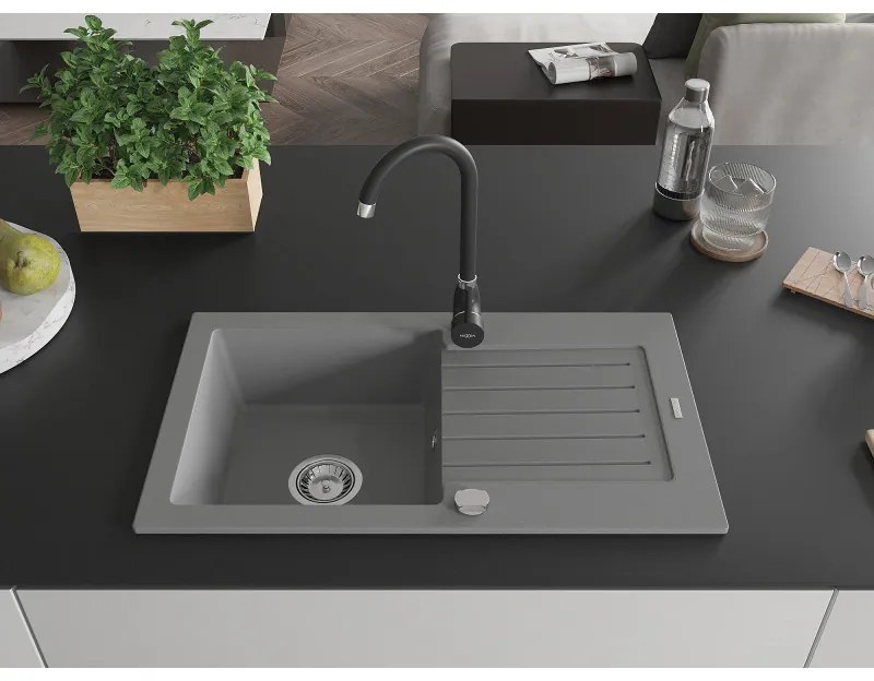 Mexen Pablo, gránit mosogató 752x436x161 mm, 1 kamrás és fekete Telma csaptelep, szürke, 6510-71-670200-70