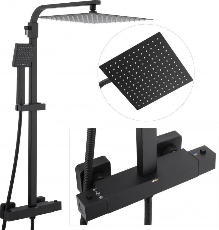 Erga Goba, zuhanygarnitúra termosztatikus csapteleppel és esőfejjel 30x30 cm, fekete matt, ERG-YKA-BP.GOBA-THERM-30-BLK