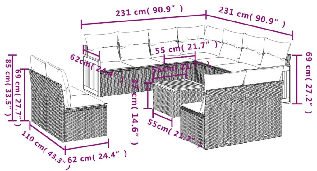 12 részes szürke polyrattan kerti ülőgarnitúra párnákkal