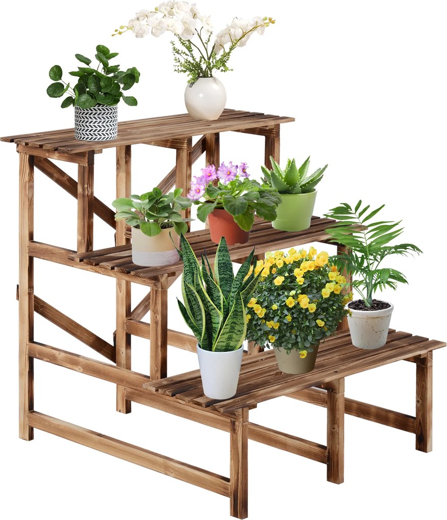 Outsunny 3-szintes növénytartó, összecsukható 78 cm magas virágtartó beltéri és kültéri használatra, fa növénytartó polc, virágcserép állvány tálcával