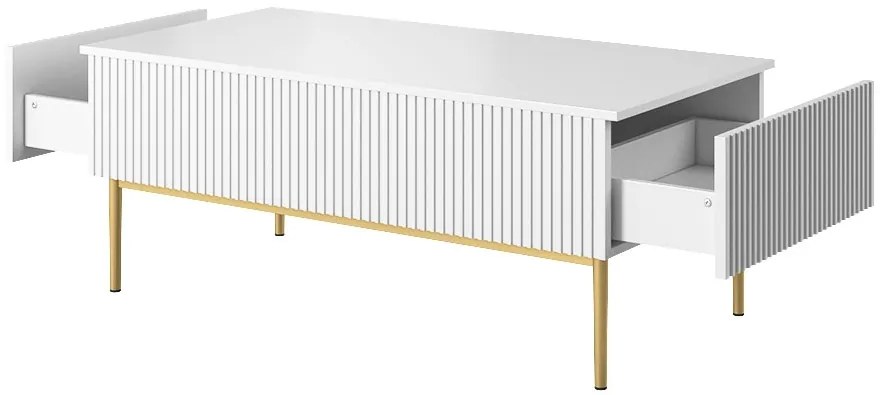 Nicole fiókos fémlábas dohányzóasztal 120 cm - matt fehér / arany lábak