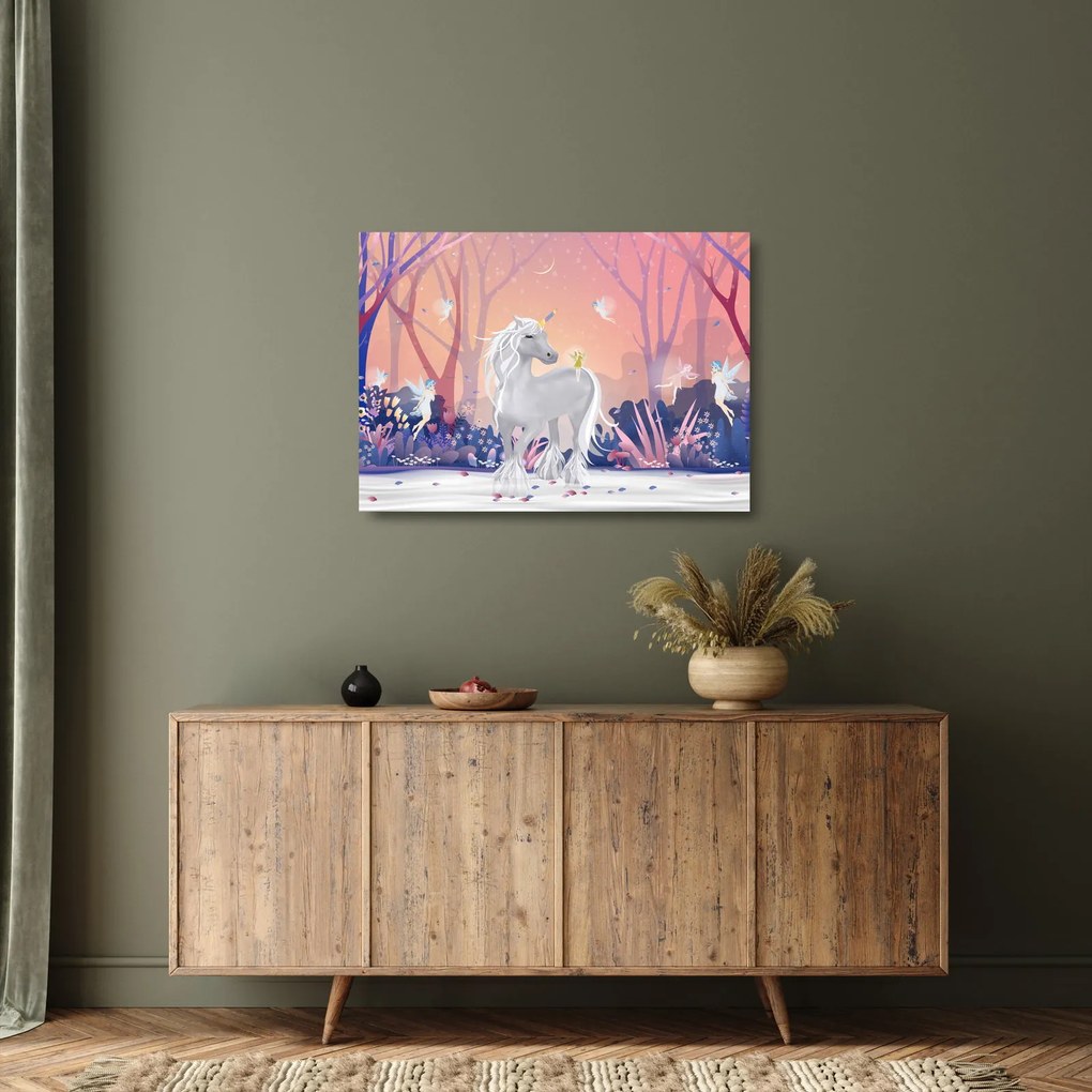Kép - egyszarvú alatt egy varázslatos erdőben (üvegen) (70x50 cm)