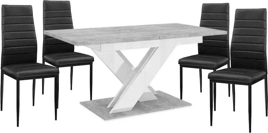 Maasix SWTG Magasfényű Fehér - Beton 4 személyes étkezőszett Fekete Coleta székekkel N