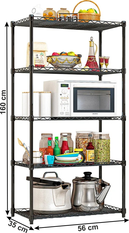 Polcállvány, 5 polcos, fekete, SUER TYP 2