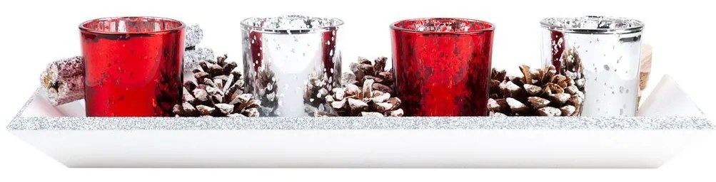 Adventi mécsestartó, toboz díszítéssel, ezüst-piros - POMME