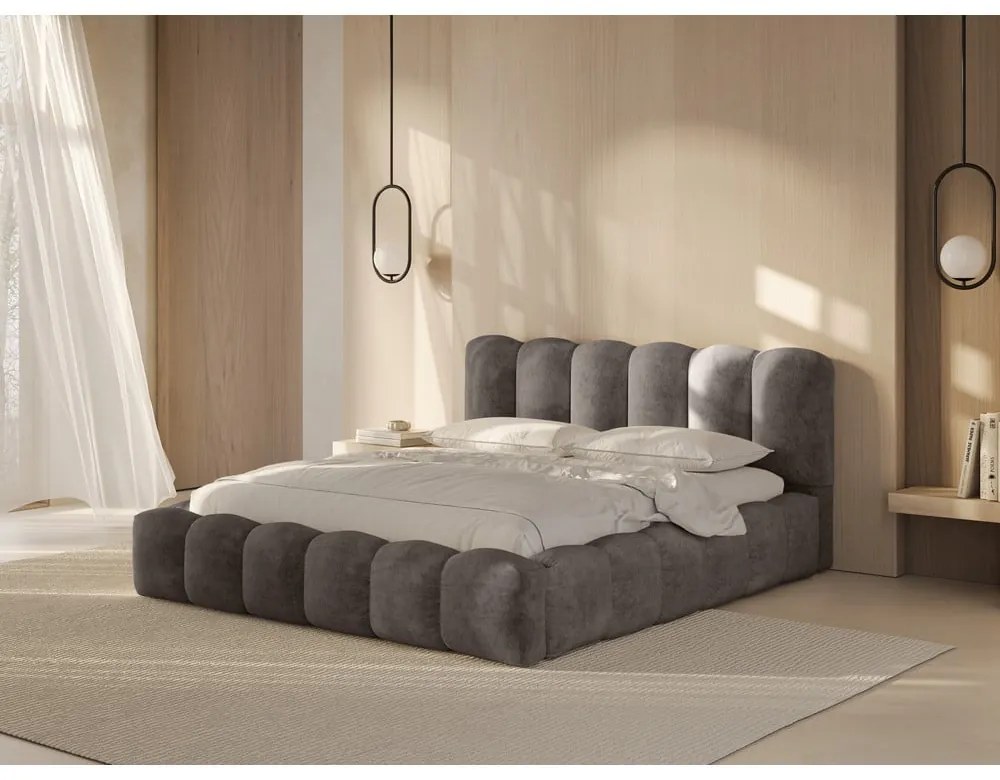 Világosbarna kárpitozott ágyneműtartós franciaágy ágyráccsal 180x200 cm Lupine – Micadoni Home
