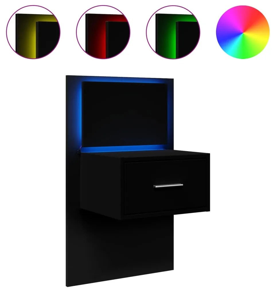 Fekete falra szerelhető éjjeliszekrény LED-világítással