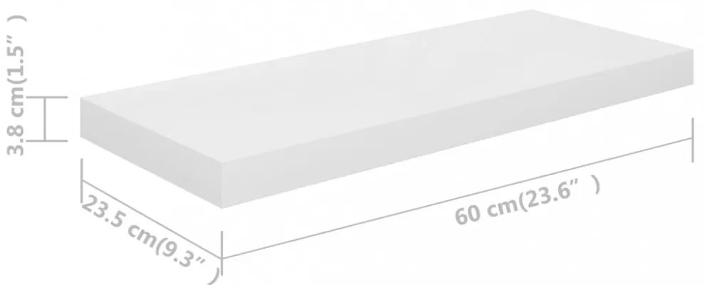 magasfényű fehér MDF lebegő fali polc 60 x 23,5 x 3,8 cm