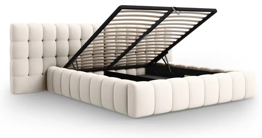 Krémszínű kárpitozott ágyneműtartós franciaágy ágyráccsal 200x200 cm Mamaia – Micadoni Home