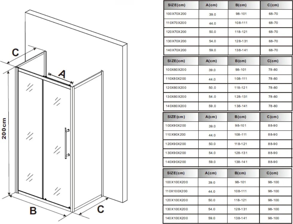 Stuxi Nizza 120x70 falsíkra szerelhető 3 oldalú tolóajtós zuhanykabin 6 mm vízlepergető biztonsági üveggel, króm elemekkel, 200 cm magas