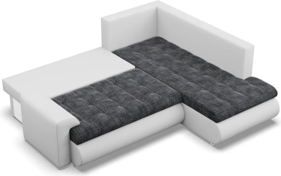Tokio sarokkanapé, L alakú háttámlával, 2 ágyneműtartóval, fonott + műbőr, jobboldali, sötétszürke - fehér