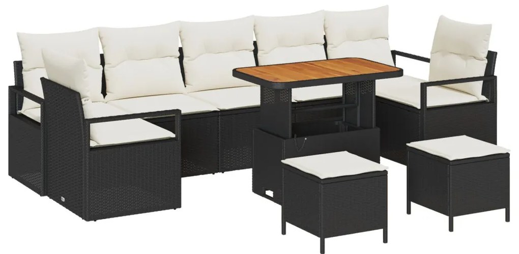 10 darabos kerti kanapészett párnákkal, fekete poli rattan akáccal, 2 személyes kerti kanapé párnákkal, fekete poli rattan, 3 darabos kerti étkező szett párnákkal, fekete poli rattan akáccal
