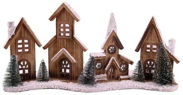 Fa ház sor és templom fenyőfákkal - led-es fénnyel - 56 cm