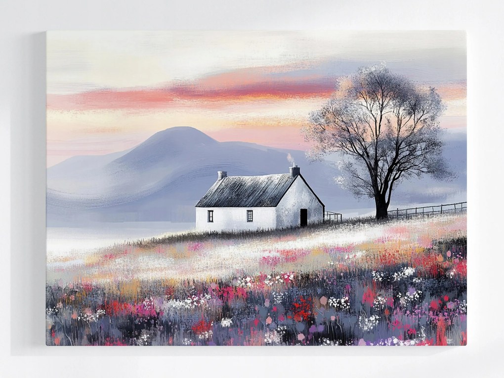 Vászonkép Canvas Vidéki Tájkép Hegyek Rét Virágok Fa Ház 100x75