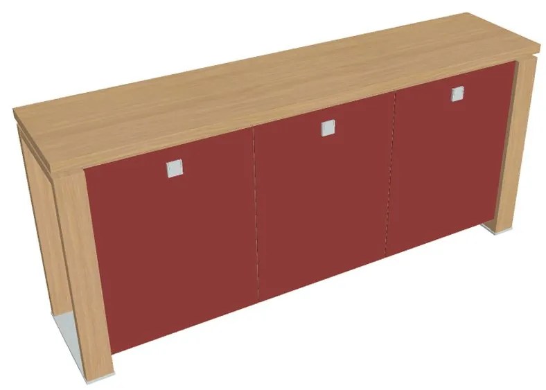 Verno+ alacsony szekrény 200 x 46 x 90 cm, üvegajtó, világos tölgy / piros