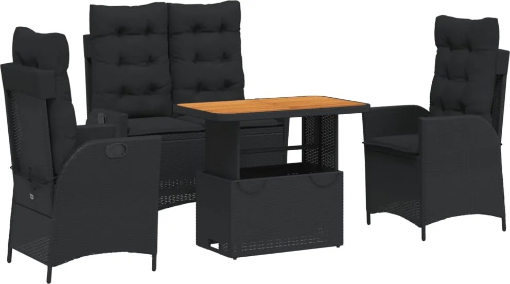 vidaXL 4 részes fekete polyrattan kerti étkezőszett párnákkal