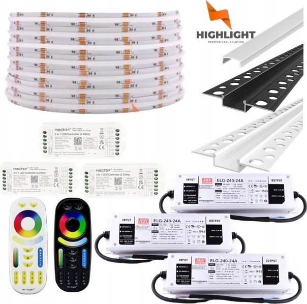 40m Homlokzati szett Led szalag Cob Rgb+cct 16W 24V IP65 +Profil Fehér/Fekete