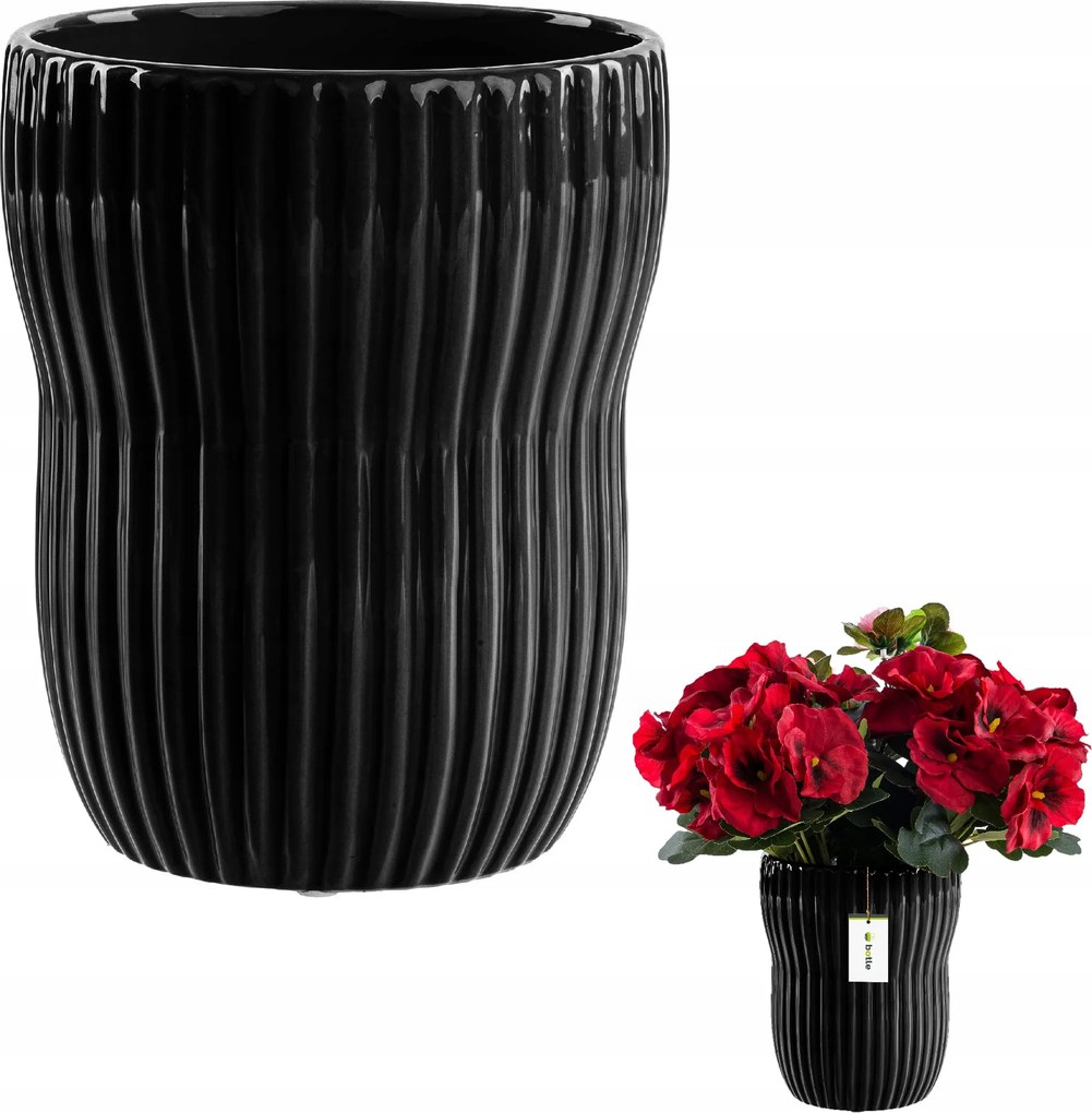 Fedő, kaspó, kerámia váza barázdált Ø13cm H16cm fekete fényes stílus