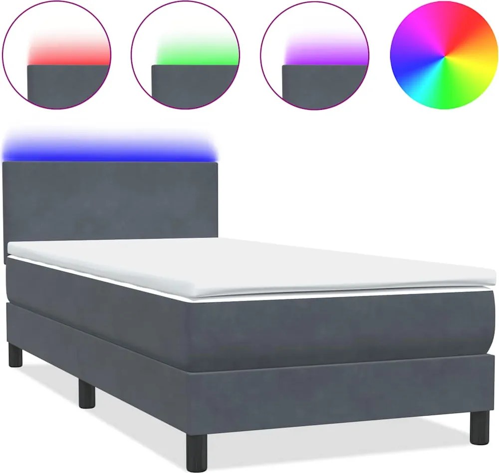vidaXL sötétszürke bársony rugós és LED-es ágy matraccal 90x210 cm