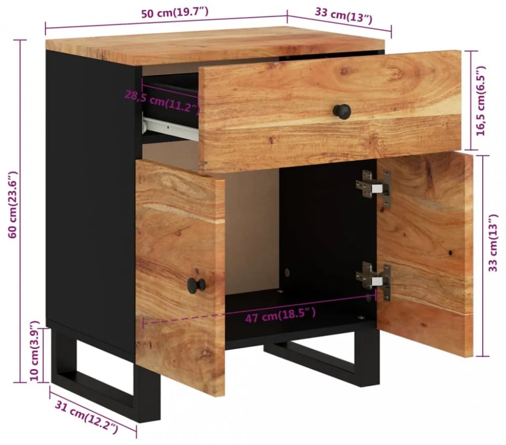 vidaXL tömör akácfa és szerelt fa éjjeliszekrény 50 x 33 x 60 cm