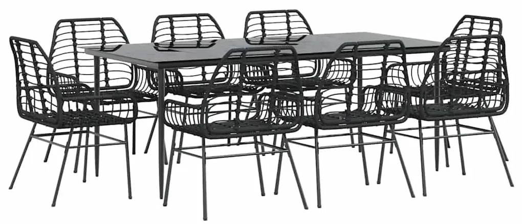 9 részes fekete polyrattan üveg kerti étkezőgarnitúra