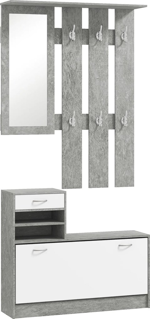HOMCOM Modern Előtér Bútor Szett Cipőtartóval és Tükörrel, Kabát Akasztó 6 Satuval, 2 Állítható Polccal és Fa Fiókokkal, Előszobába, 90x24x177 cm, Feh