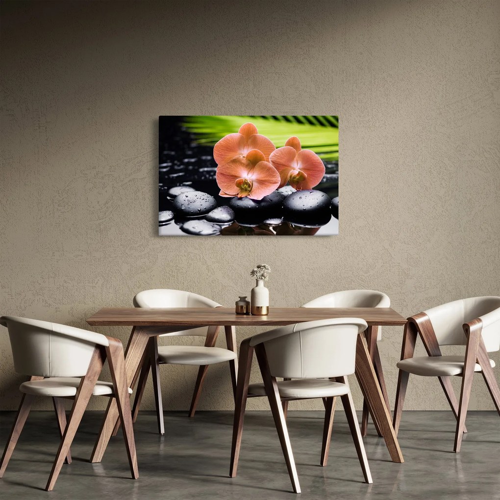 Kép - Narancssárga orchidea pálmalevelekkel (90x60 cm)