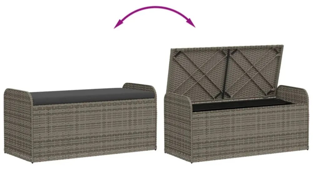 szürke polyrattan tárolópad párnával 115 x 51 x 52 cm