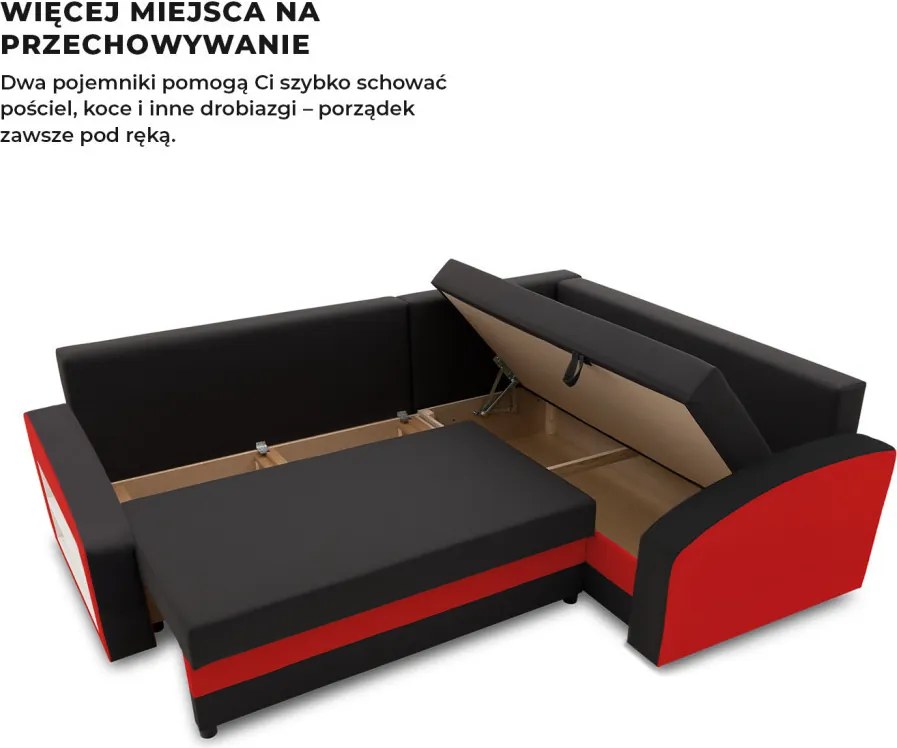 Grande sarokkanapé polcokkal , polc a bal karfaban, jobboldali, szövet anyag, bonell töltet, fekete - piros