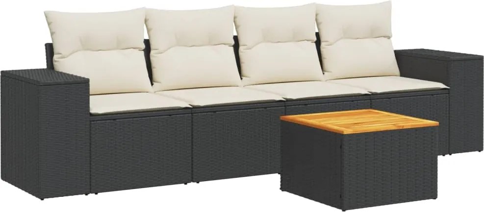 vidaXL 5 részes fekete polyrattan kerti kanapészett párnákkal