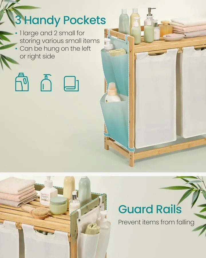 Szennyeskosár 2 rekesszel, szennyestartó, 100 literes, 63 x 33 x 78 cm, krémfehér