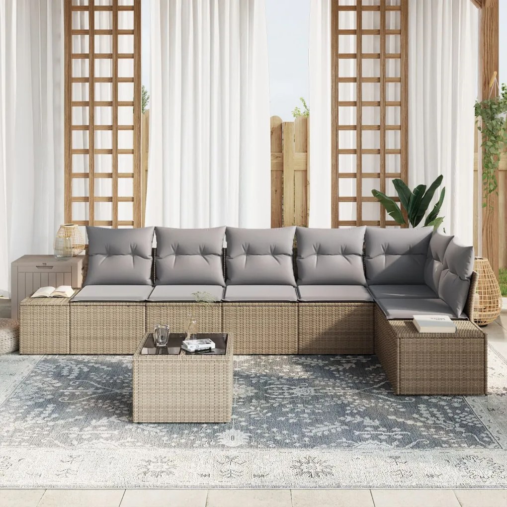 Kerti Kanapé Szett párnával 7 pcs bézs és szürke Poli rattan