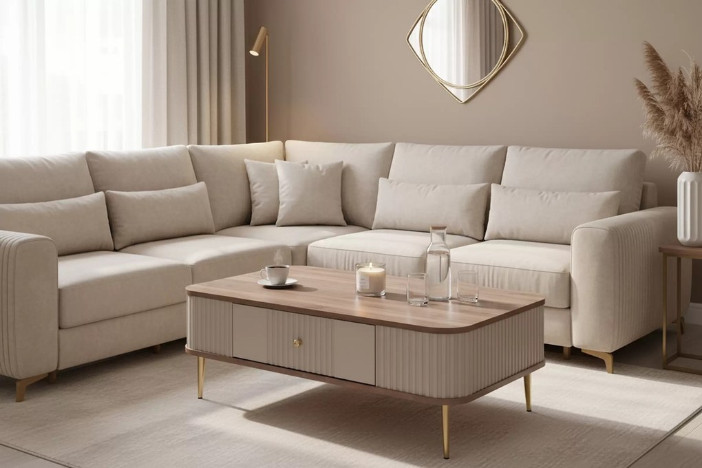 Vesper fiókos dohányzóasztal 103x60 cm - kasmír / dió / arany lábak