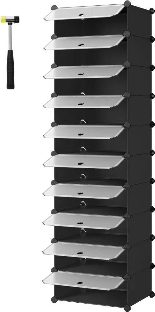 Cipőtároló doboz 10 db moduláris tárolódoboz, fekete 43x31x173cm