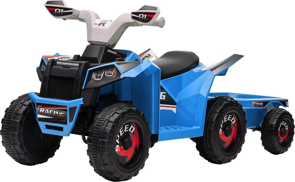 HOMCOM Elektromos Quad Gyerekeknek 6V, Játékautó 1.5-3 Éves Gyermekeknek, Elektromos Autó Trailerszel, 2.5 km/h, Fém, 106 x 41.5 x 48.5 cm, Kék | Aoso
