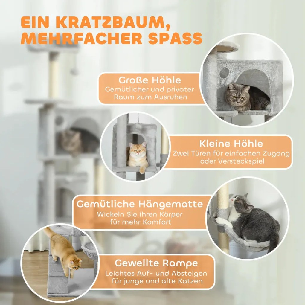 PawHut 160 cm-es macskafa, szizál kaparófák, barlangok, plüss platformok, függőágy, létra, játéklabdák
