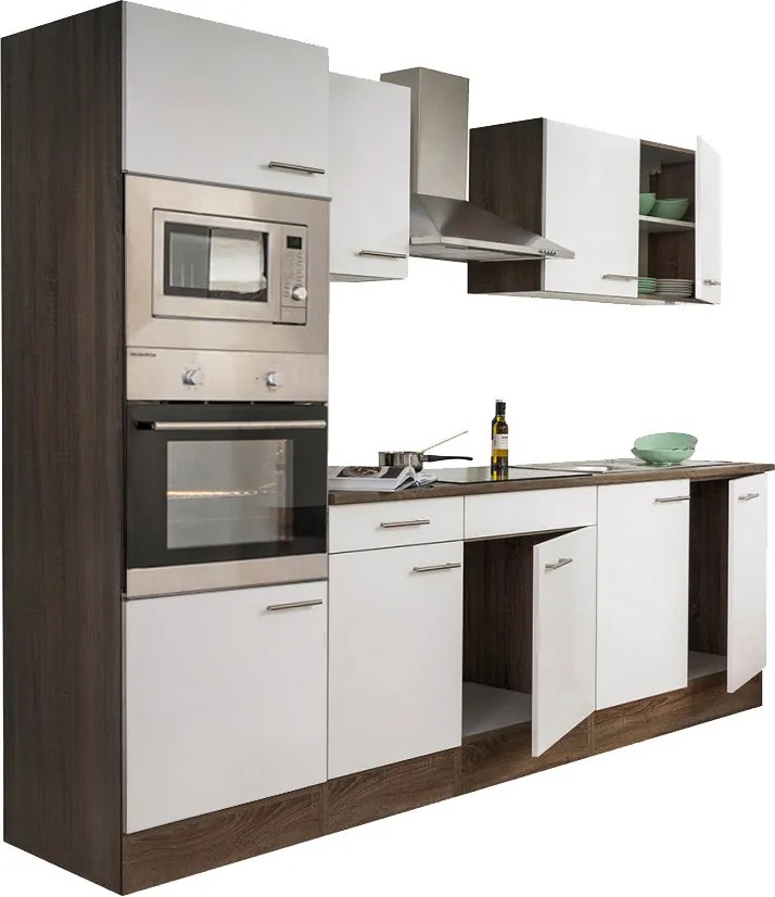 Yorki konyhabútor Yorki tölgy korpusszal, selyemfényű fehér fronttal 270 cm-es méretben