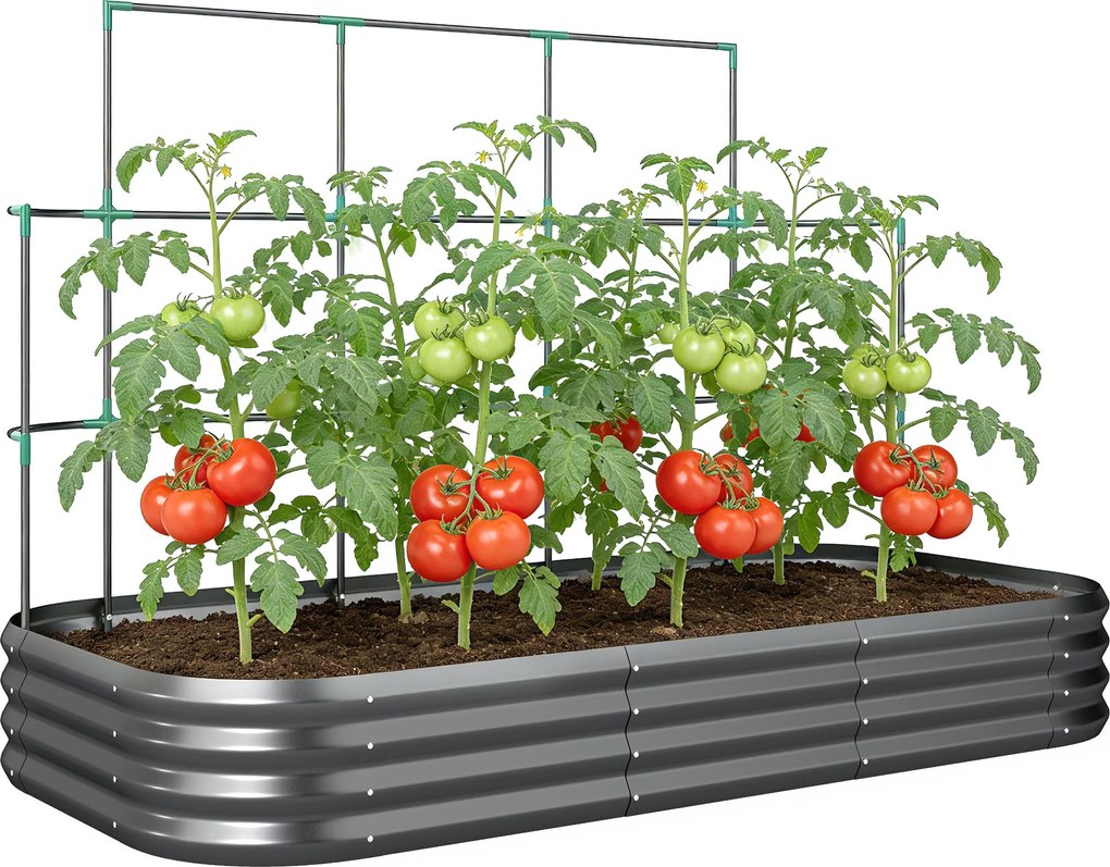 Outsunny horganyzott magasított ágyás kordonráccsal, horganyzott fém kaspó védőéllel és kesztyűvel — 220 x 110 x 150 cm, sötétszürke | Aosom