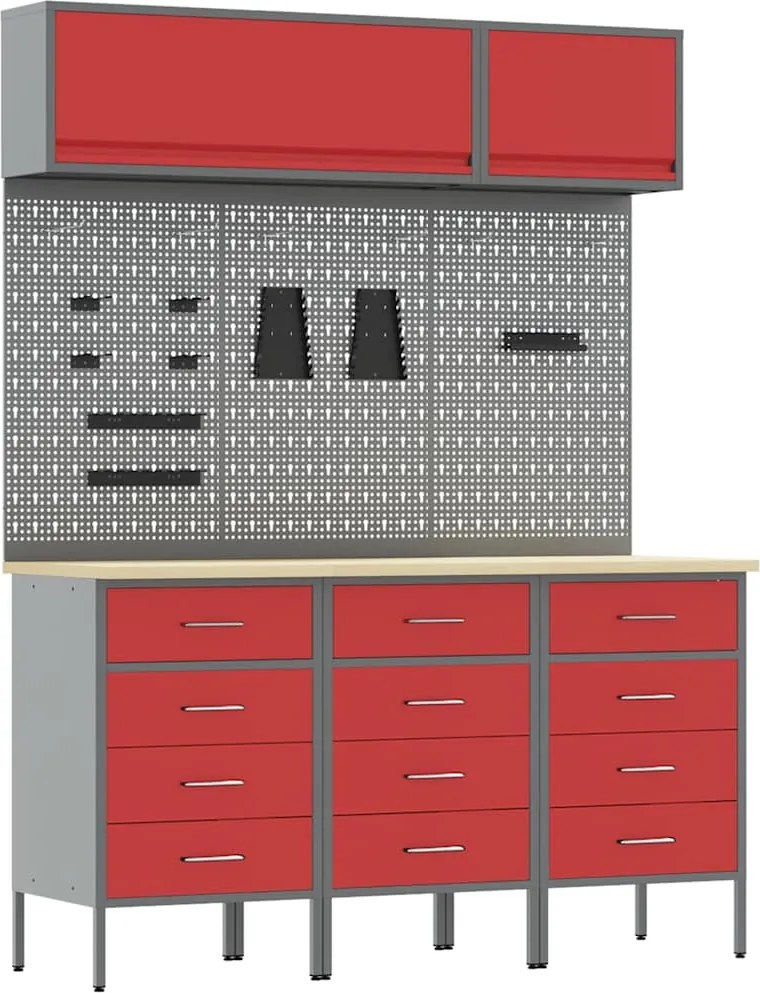 vidaXL Munkaszekrény Készlet 8 pcs Piros Porszórt Acél és Mérnöki Fa