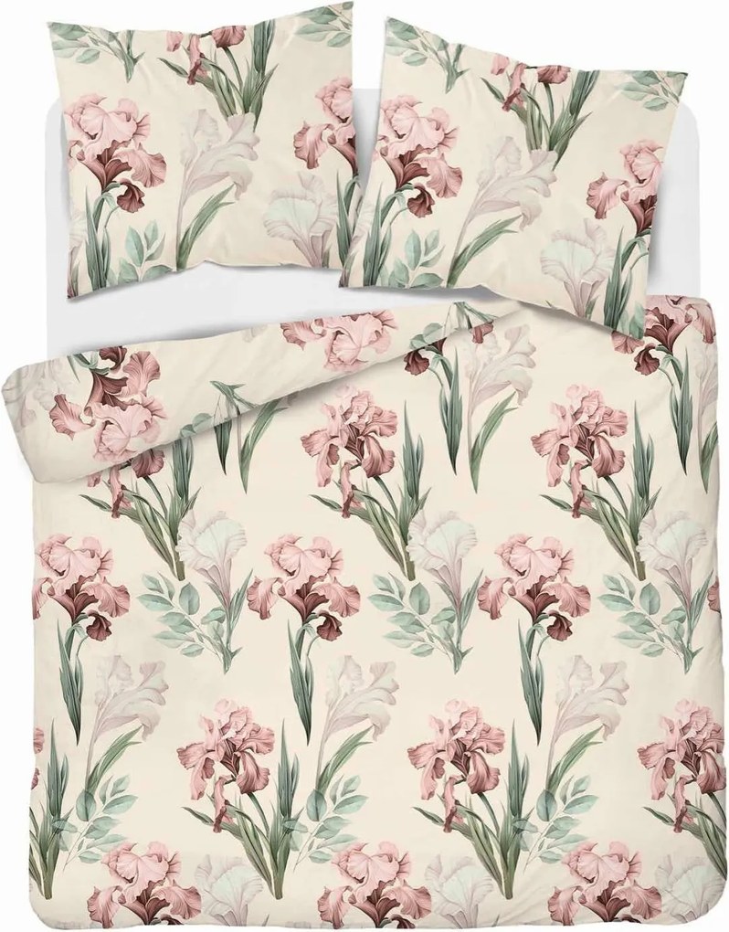 Szatén ágyneműhuzat 220x200 krém rózsaszín zöld virágok